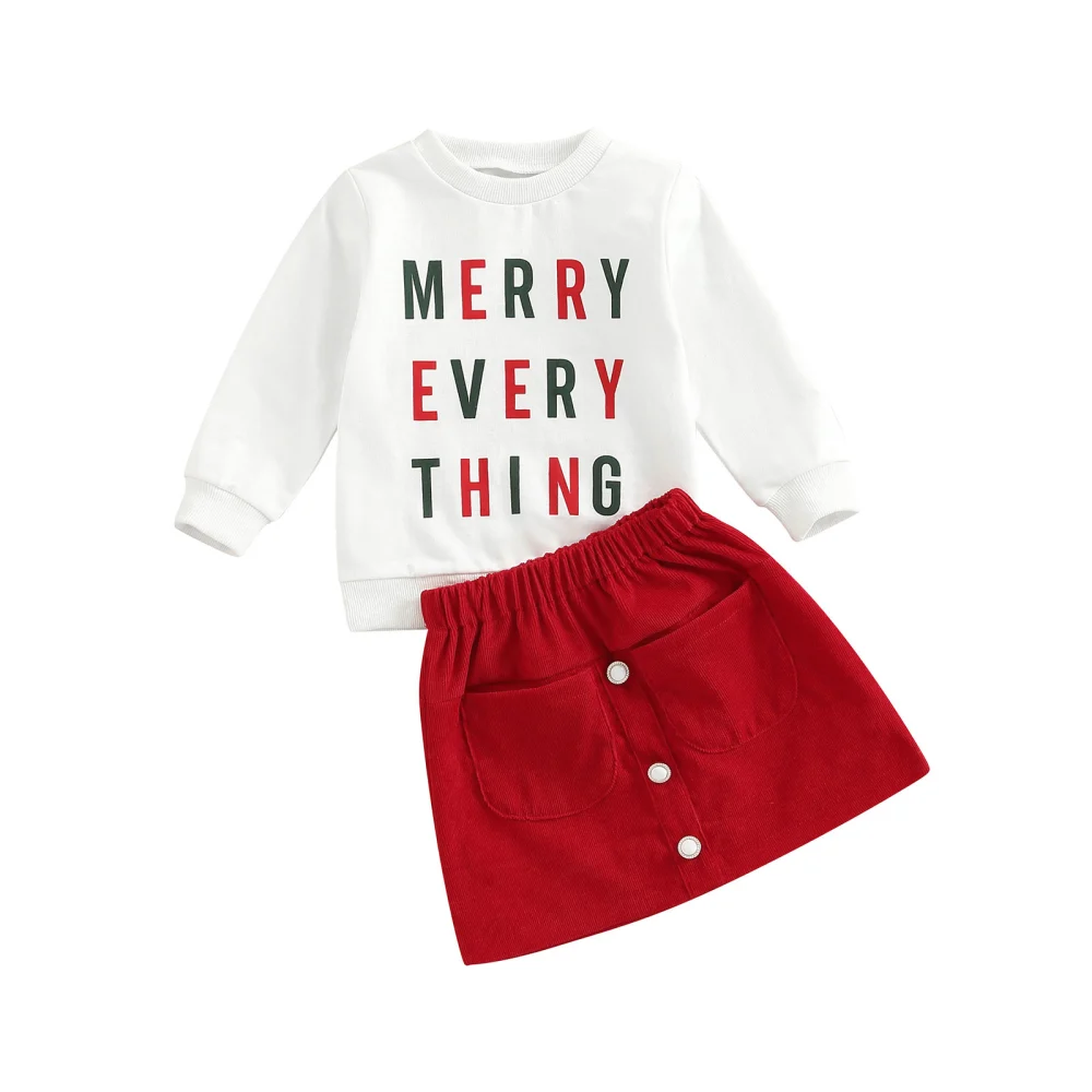 Girls Long Sleeve Letter Print Pullover + Solid Color Button Skirt