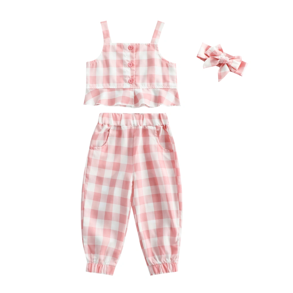 Plaid Outfits, Ruffled Tank Tops + Trousers with Pocket + Headband