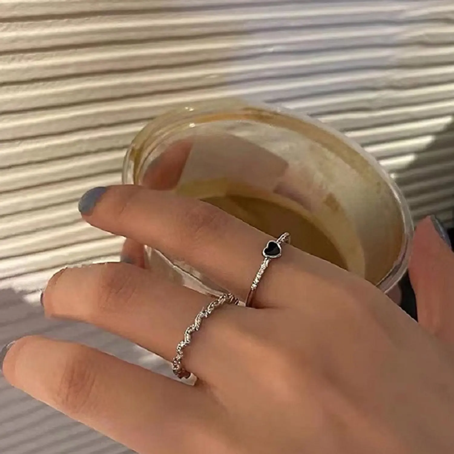 Two Piece Black Zircon Ring Set, Minority Design Index Finger Ring
