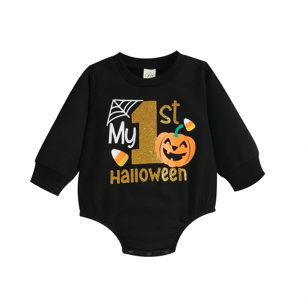 Boys Girls Halloween Romper Long Sleeve Shiny Letters Pumpkin Bodysuit