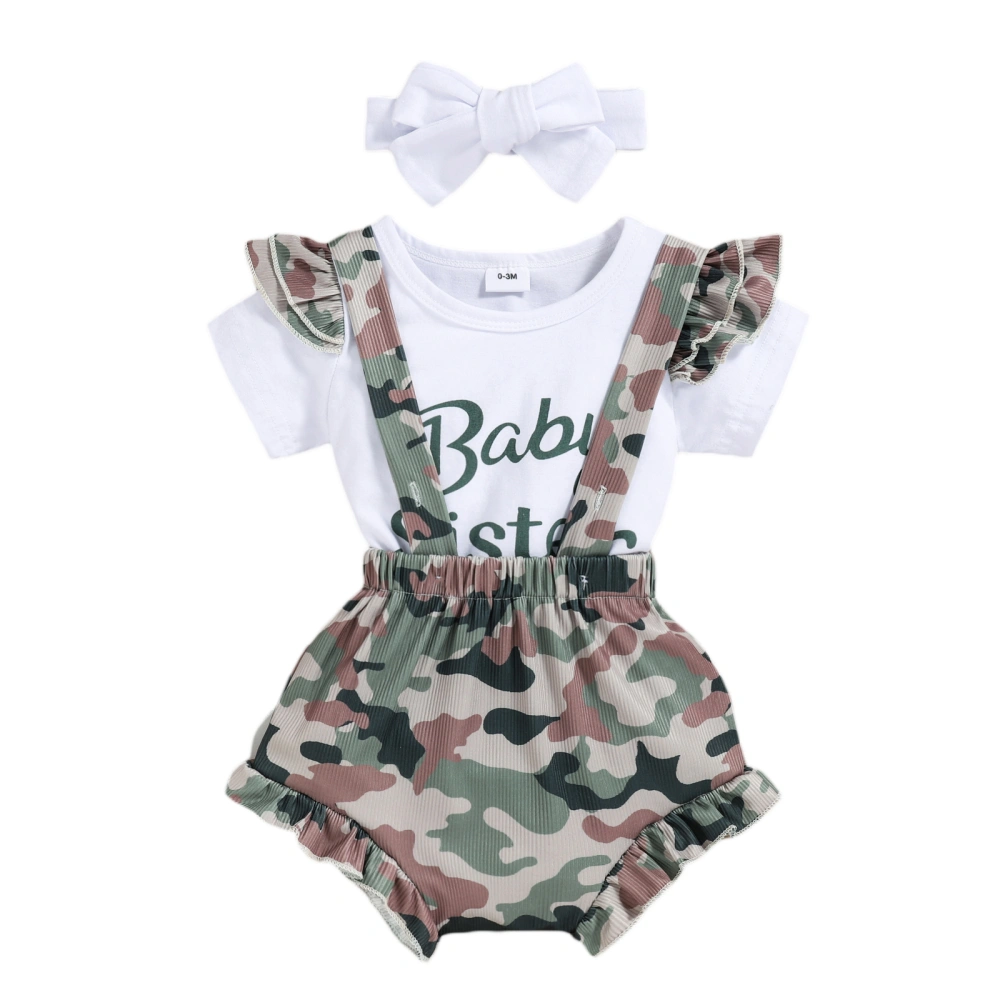 Baby Girl Fly Sleeve Letter Jumpsuit + Camouflage Shorts + Headband