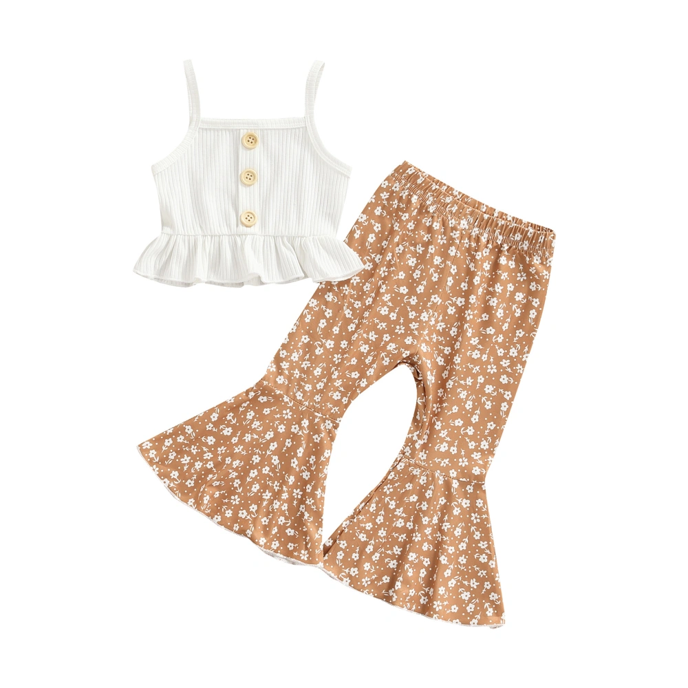 Baby Girl Solid Knit Ribbed Ruffle Tank Tops + Floral Flared Trousers