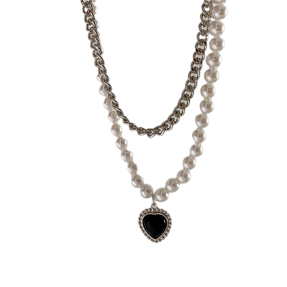 Black Heart Layered Necklace, Metal Pearl Chain Glitter Rhinestone