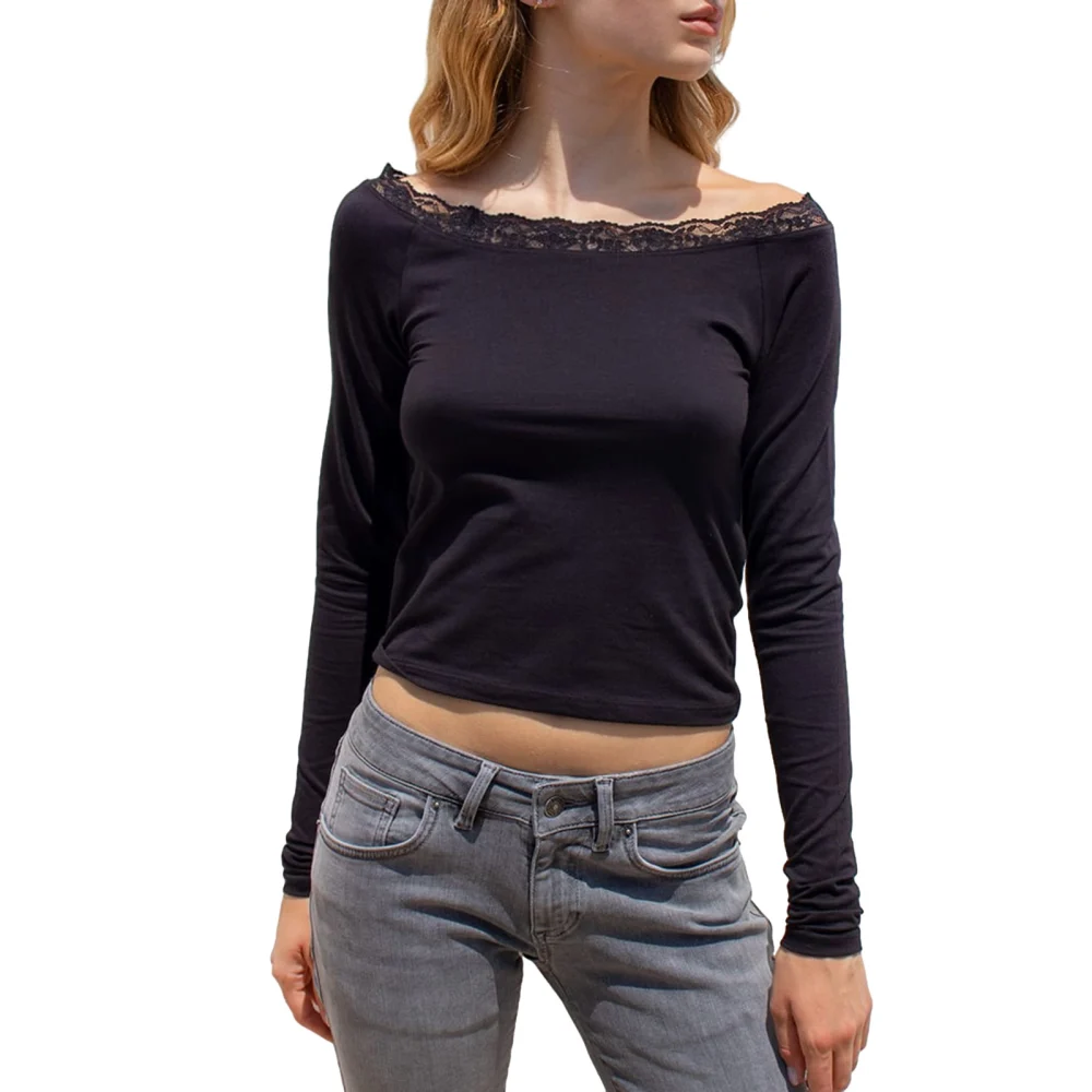 Women Long Sleeve Short T-Shirts Lace Trim Boat Neck Shirts Streetwear