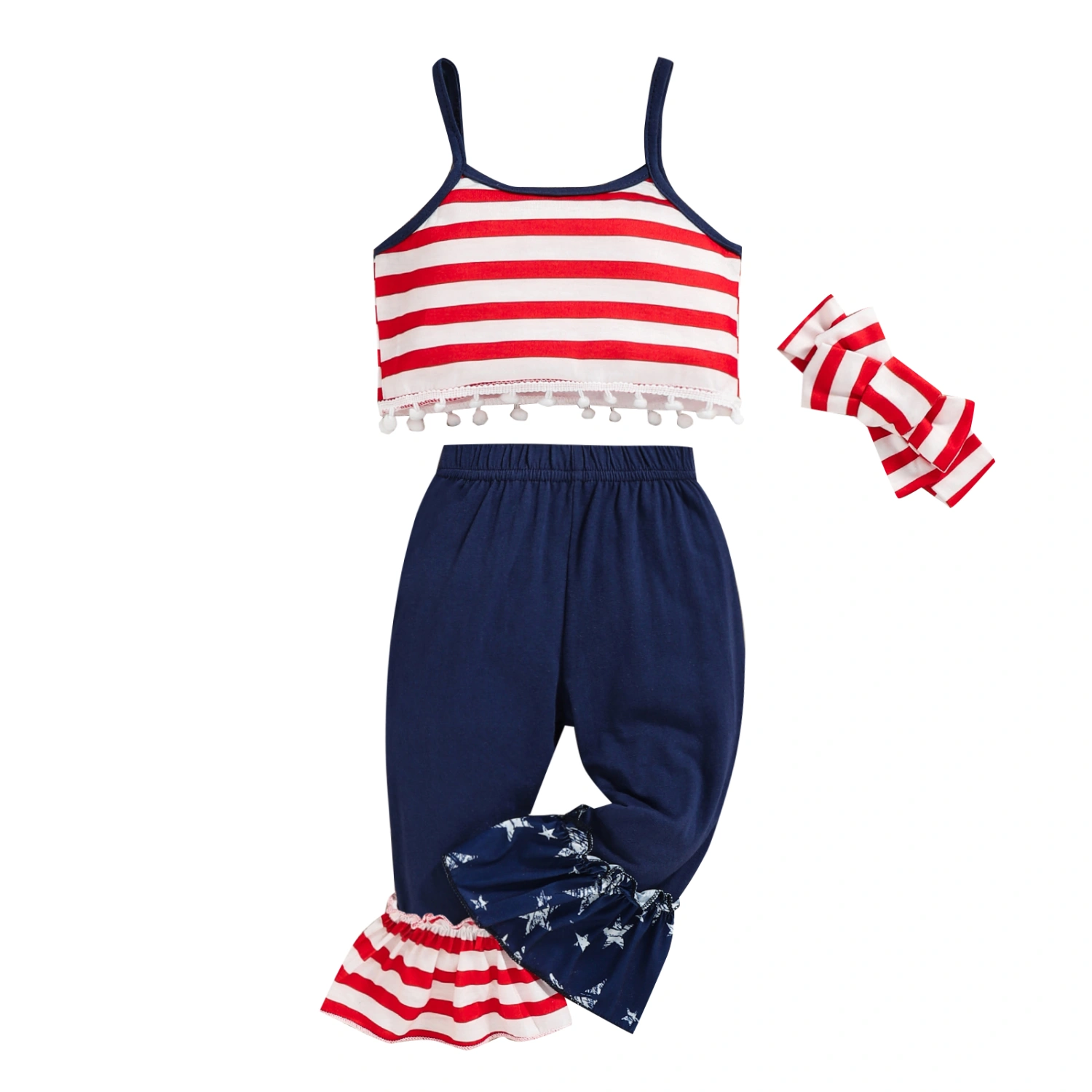 Baby Girl Clothes Set Stripe Bobbles Tops Patchwork Hem Pant Headband
