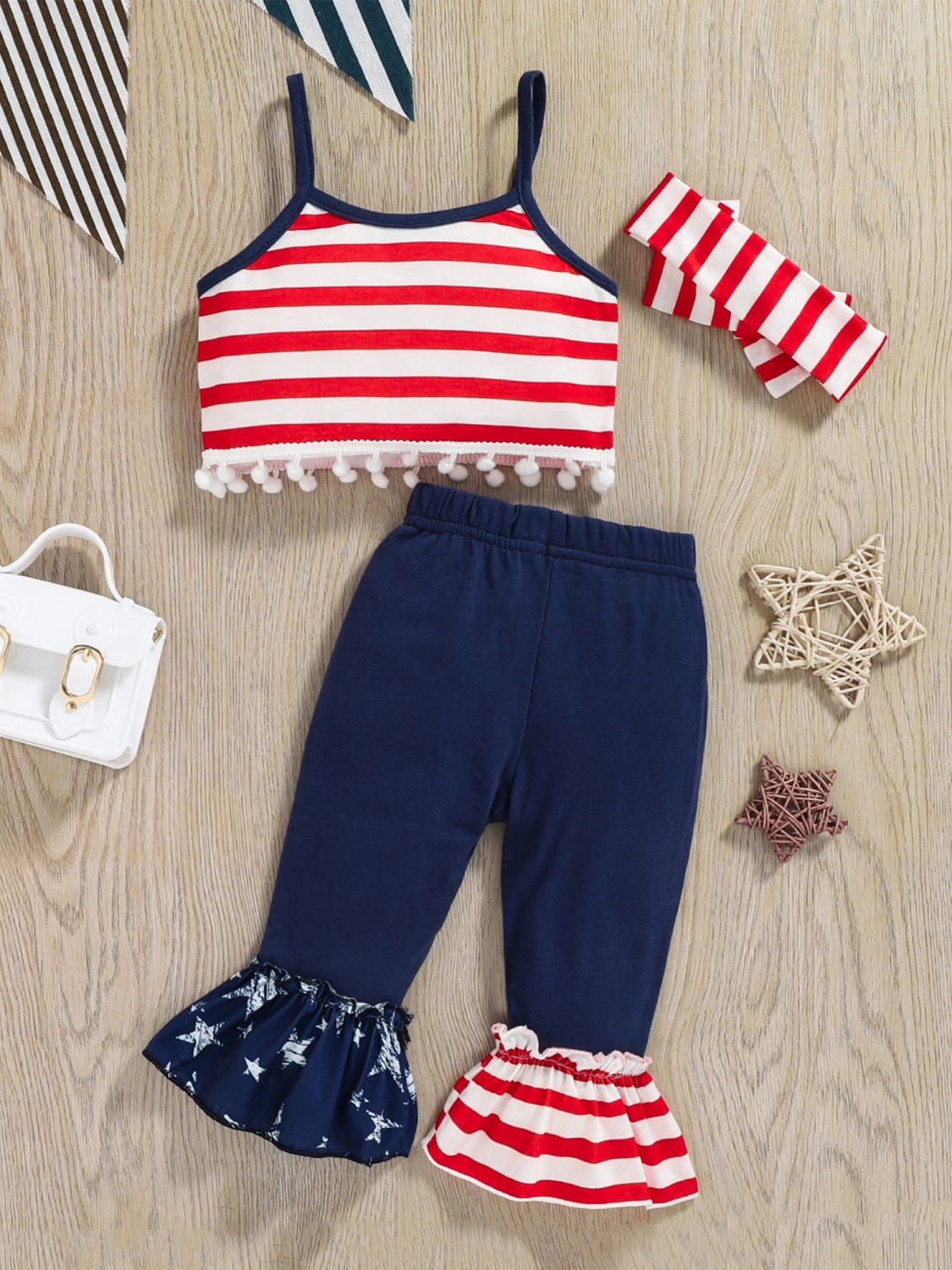 Baby Girl Clothes Set Stripe Bobbles Tops Patchwork Hem Pant Headband
