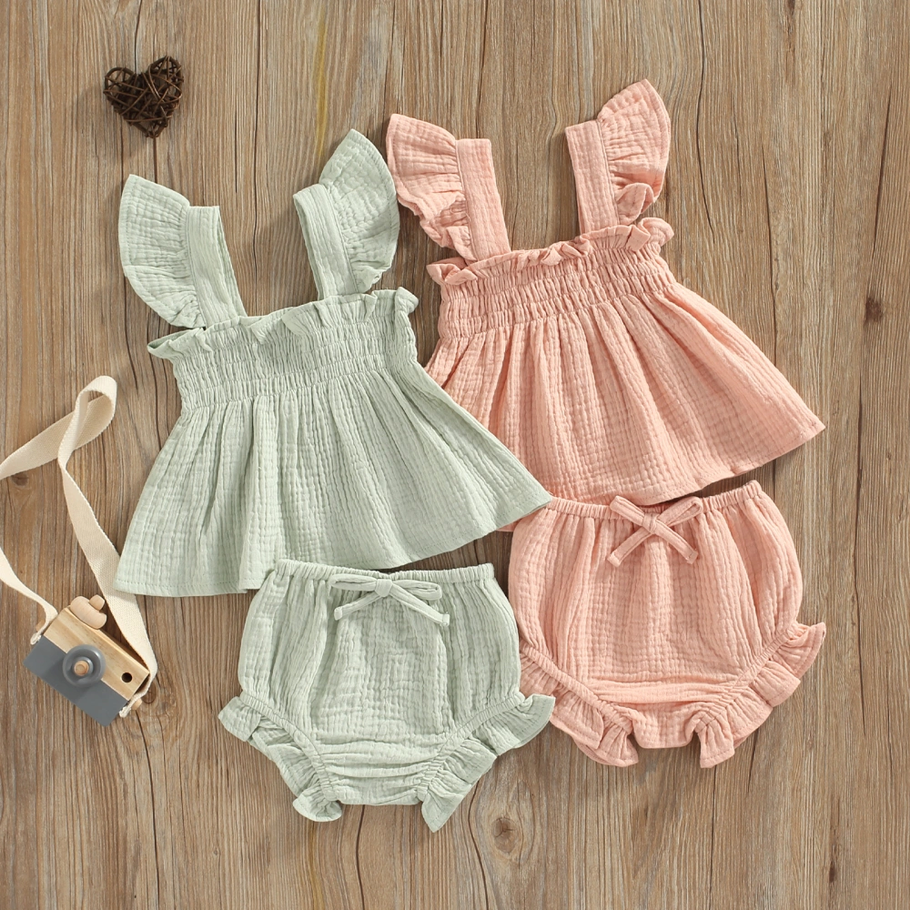 Girls Solid Color Square Neck Fly Sleeve Tops+ Ruffle Short Pants