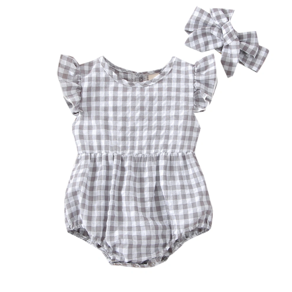 Baby Jumpsuit Flying Sleeve Plaid Print Romper + Bow Headband 