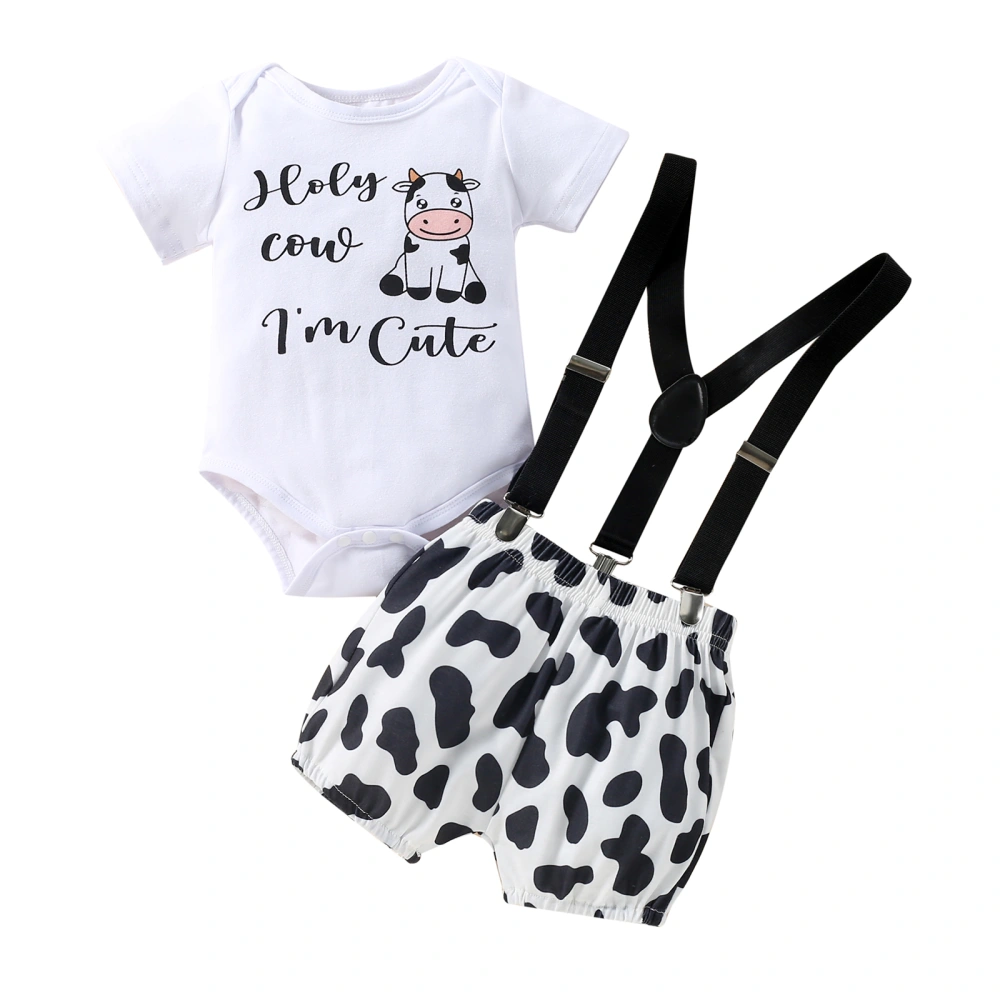 Boys Letter Print Round Neck Short Sleeve Romper+ Suspender Shorts