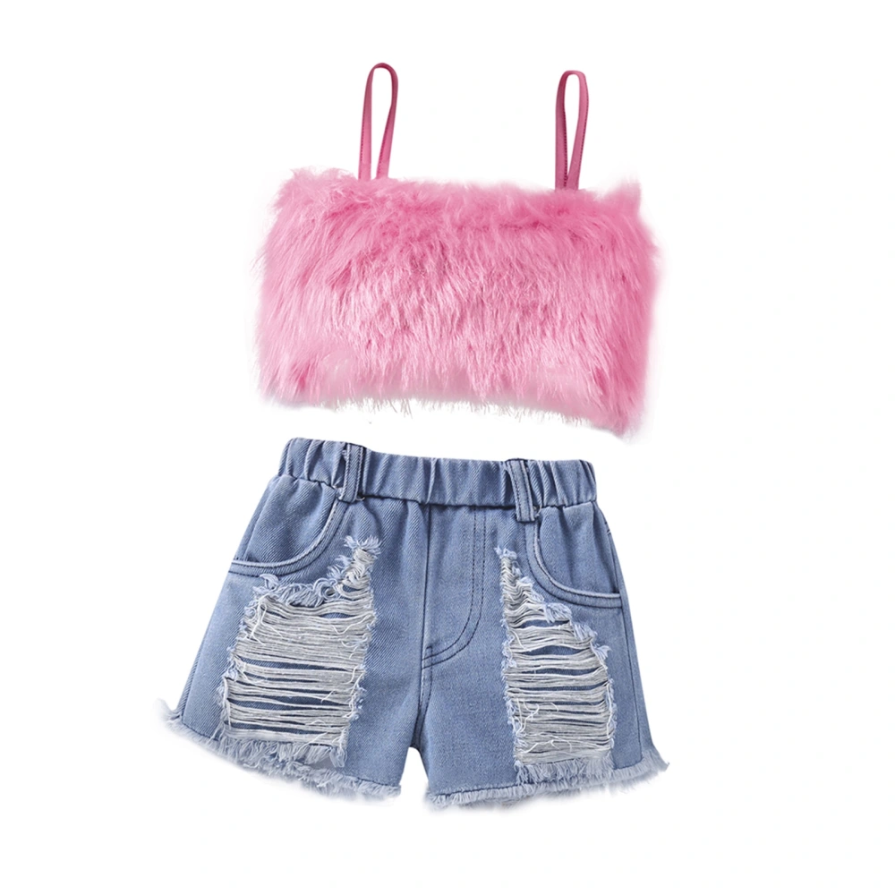 Kids Girls Clothes Outfits Fur Camisole Tops and Ripped Denim Shorts