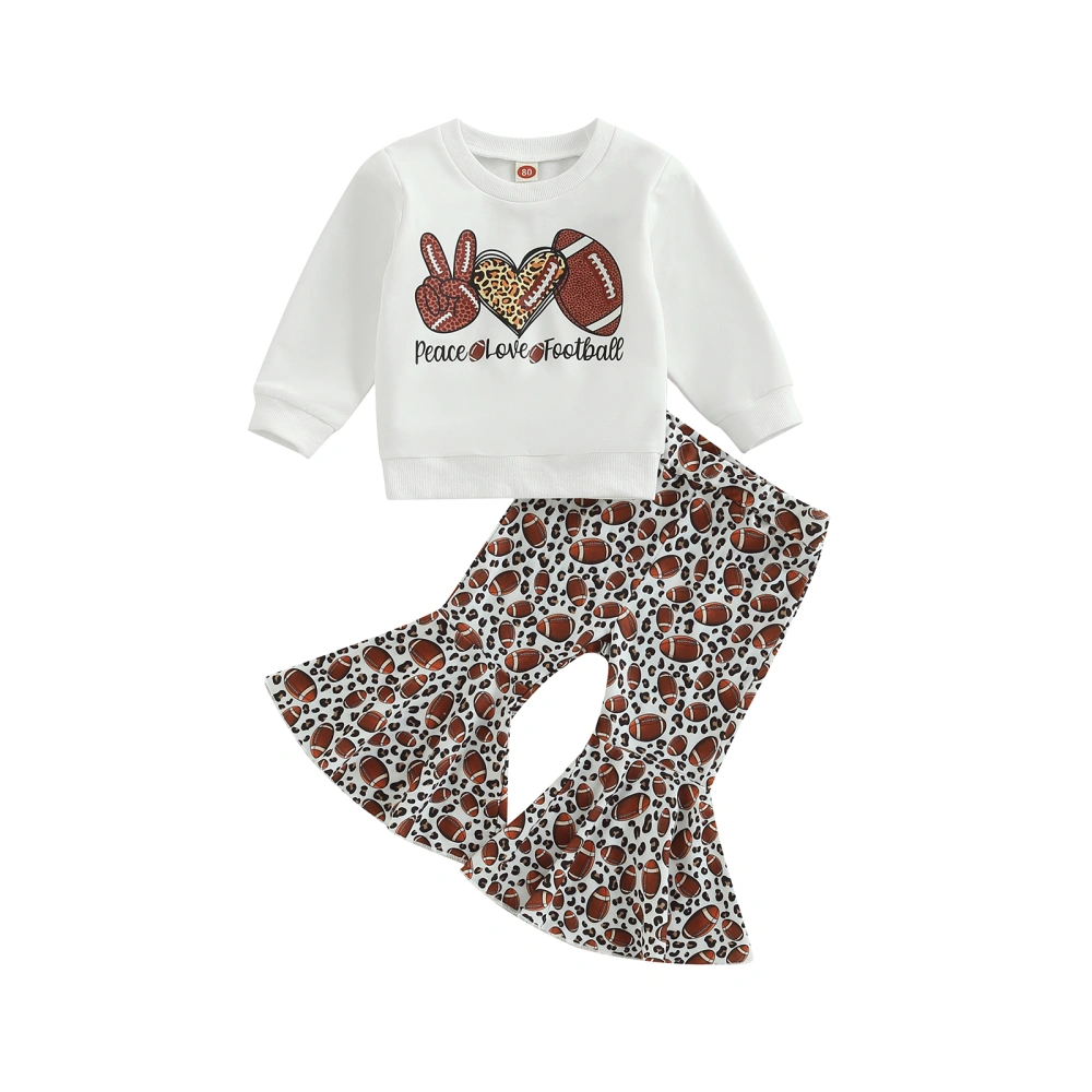 Girls 2 Pieces Outfits, Letter Heart Rugby Print Tops + Flare Pant