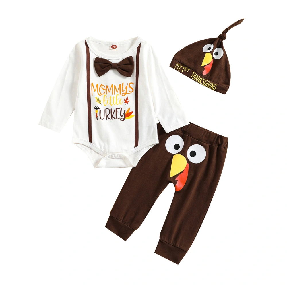 Baby Thanksgiving 3 Pieces Outfit, Romper + Turkey Print Pants + Hat