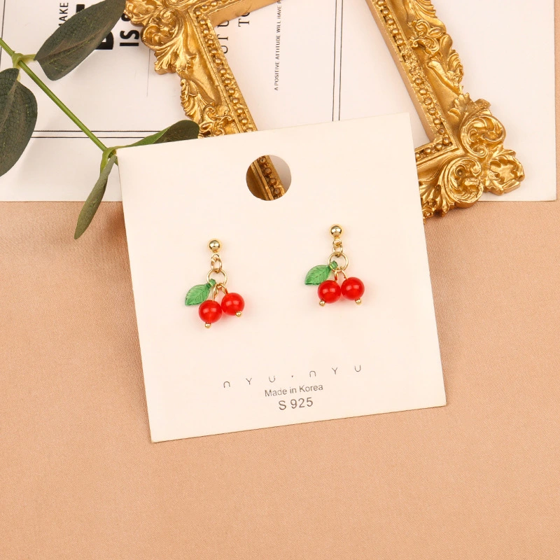 Silver Needle Small Cherry Earrings, Girl Heart Red Earrings Long