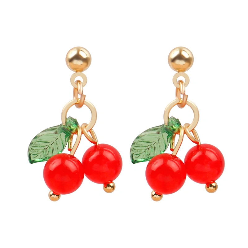 Silver Needle Small Cherry Earrings, Girl Heart Red Earrings Long