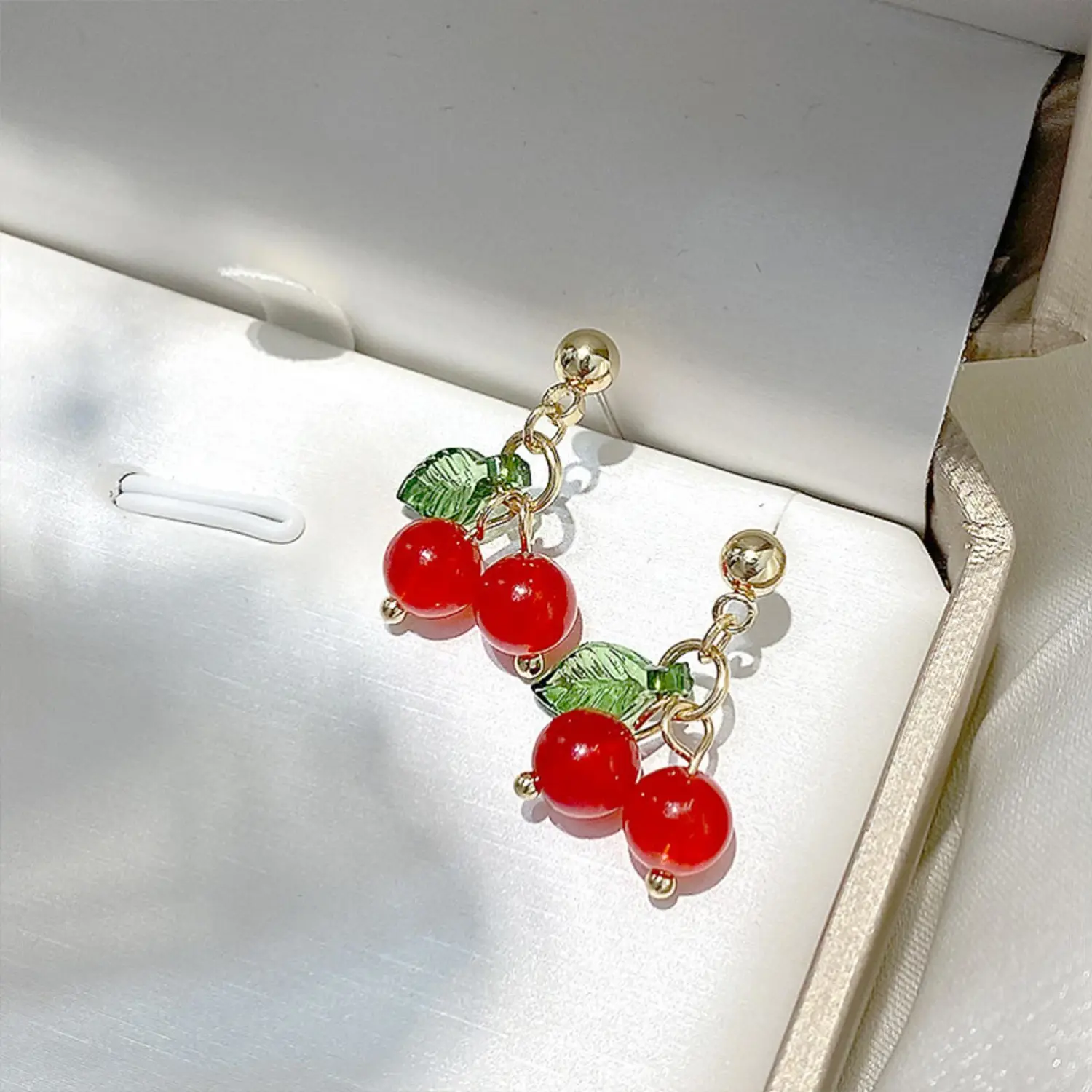 Silver Needle Small Cherry Earrings, Girl Heart Red Earrings Long