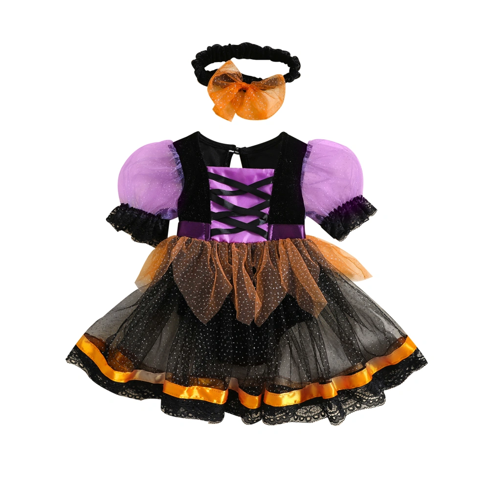 Baby Girl Halloween Outfit Puff Sleeve Patchwork Romper Dress Headband