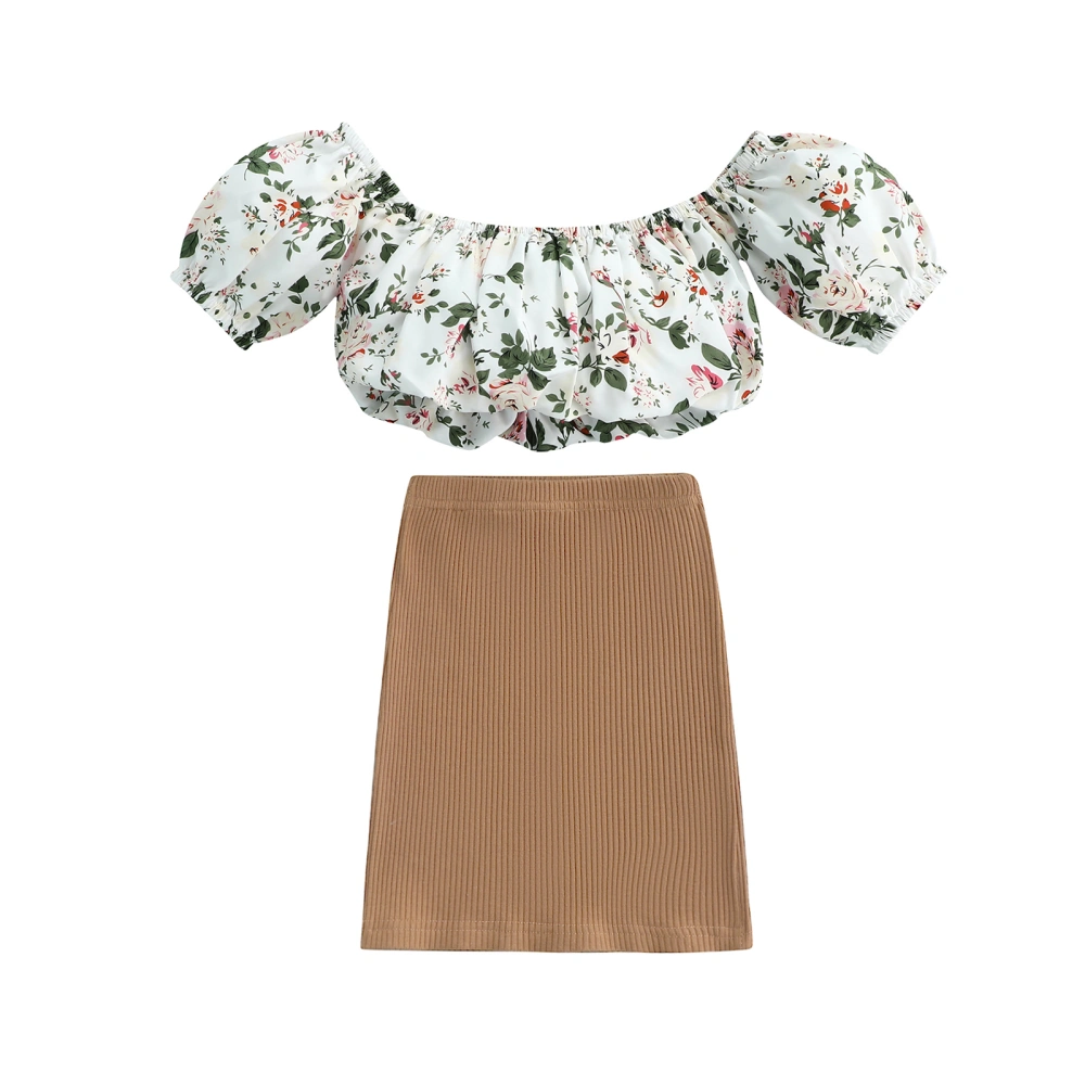 Baby Off Shoulder Short Sleeve Tops + Skirt, Flower Pattern Clothing