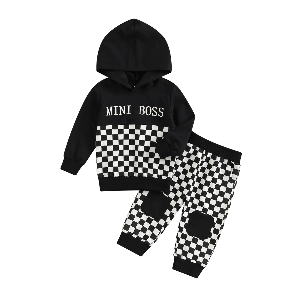 Boys Sportswear Outfit Letter Print Plaid Hooded Sweatshirts and Pants