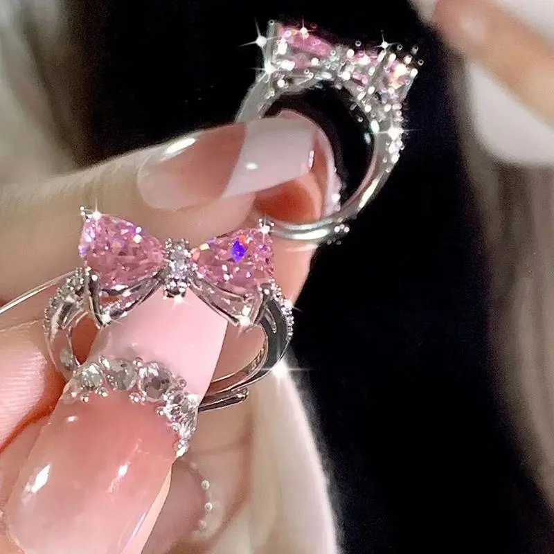 Cute Diamond Bow Rings Adjustable Aesthetic Ring for Women Jewelry
