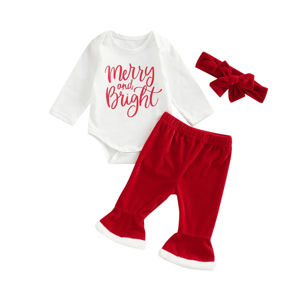 Girls Jumpsuits Set Christmas Letter Print Romper and Pants Headband