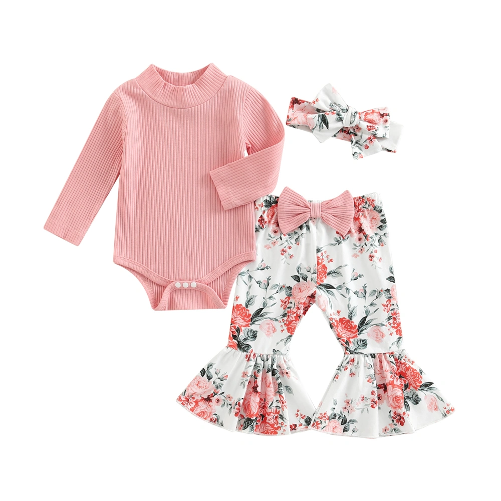 Baby Girls Jumpsuits Set Long Sleeves Romper and Floral Pants Headband