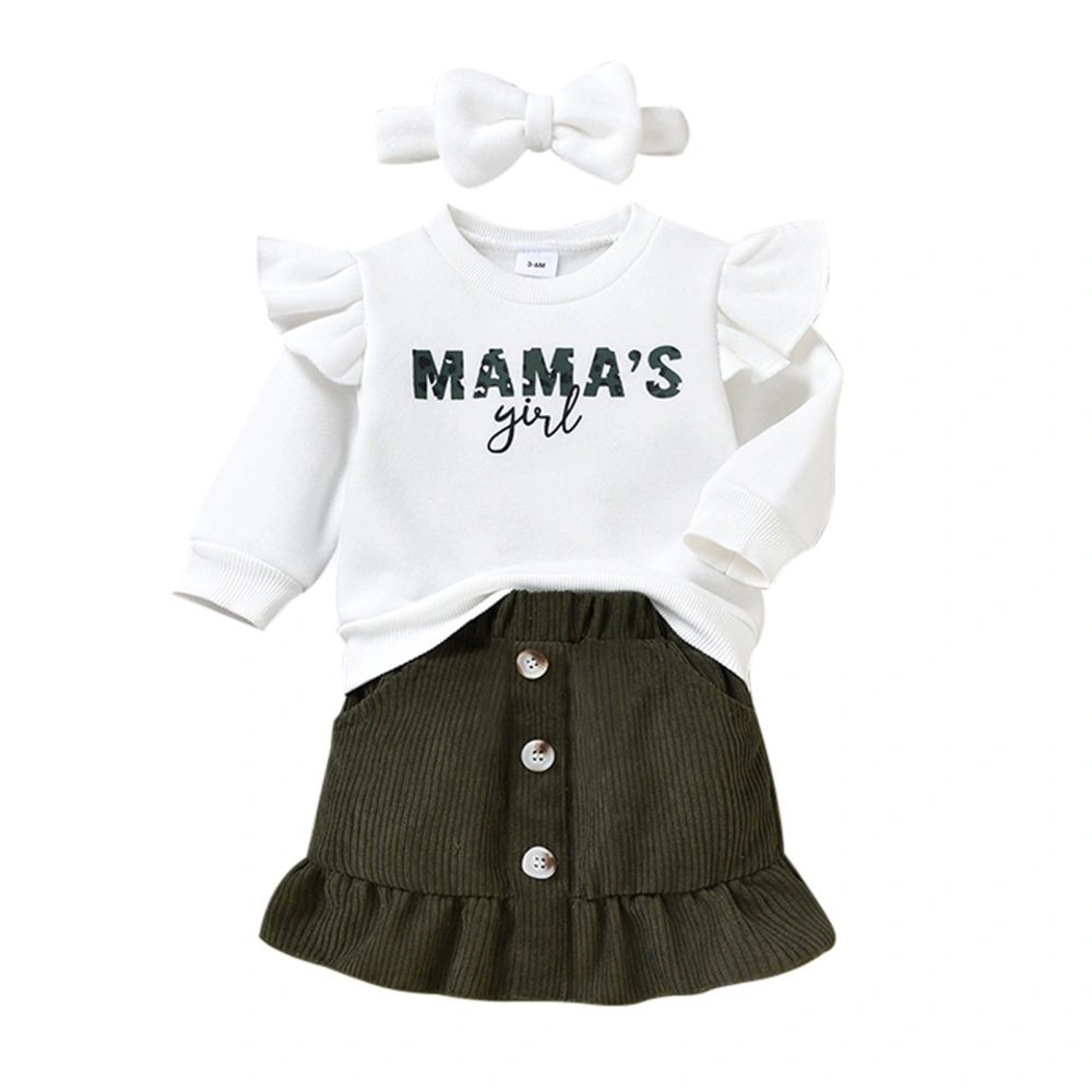 Baby Girl Skirt Suit Letter Sweater + Button Hem Skirt + Headband 