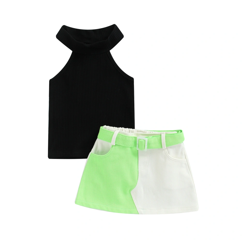 Girls Casual Suit, Solid Sleeveless Knitted Tops+Short Skirt with Belt