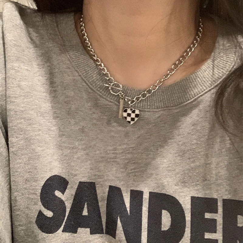 Checkerboard Heart Pendant Necklace, Dainty Chain Necklace Gift