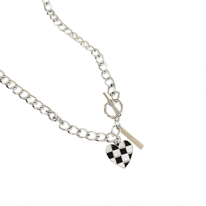 Checkerboard Heart Pendant Necklace, Dainty Chain Necklace Gift