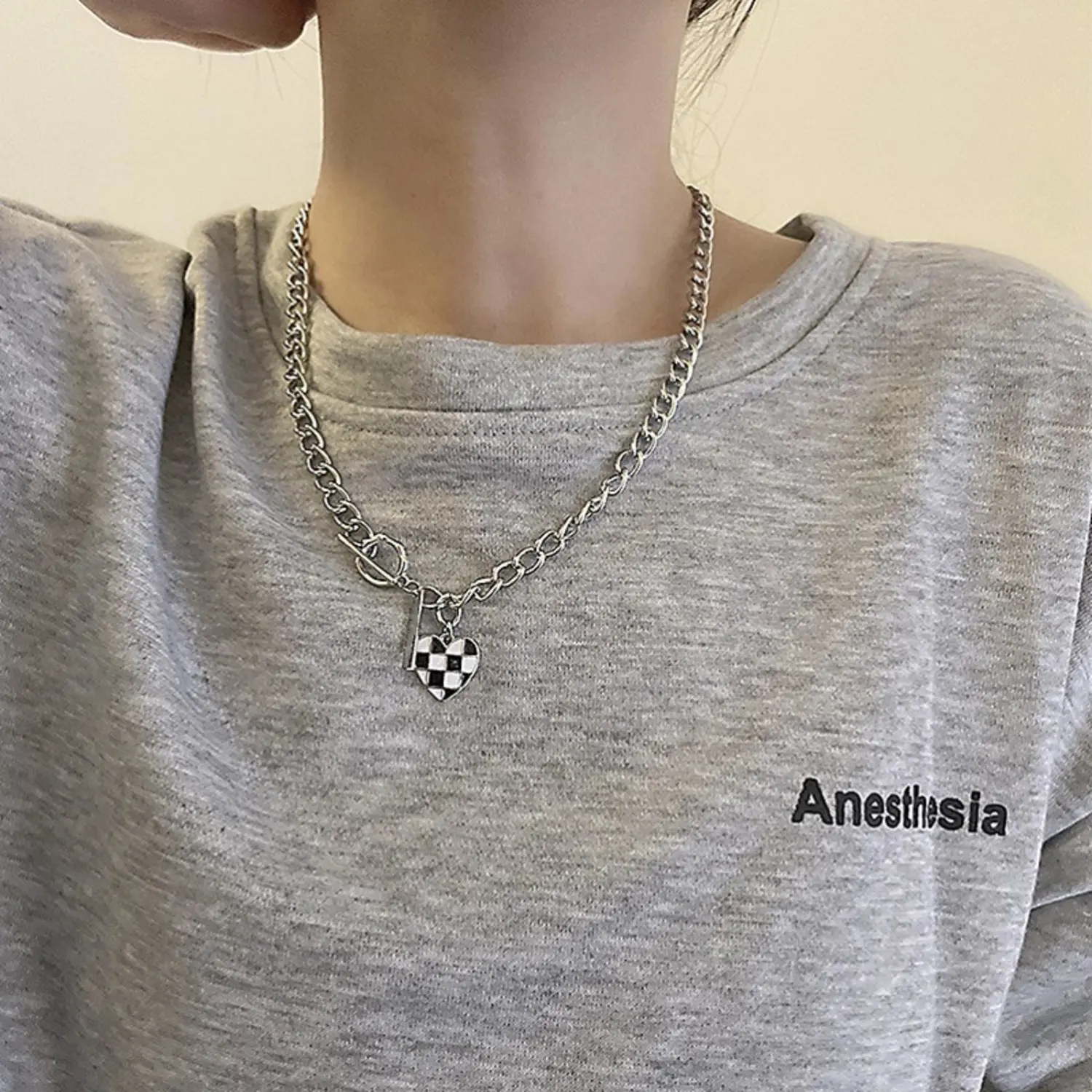 Checkerboard Heart Pendant Necklace, Dainty Chain Necklace Gift