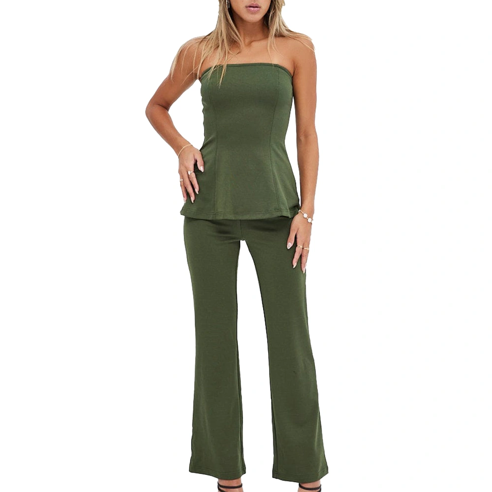 Women’s 2 Piece Summer Outfits, Solid Color Tube Tops + Long Pants Set