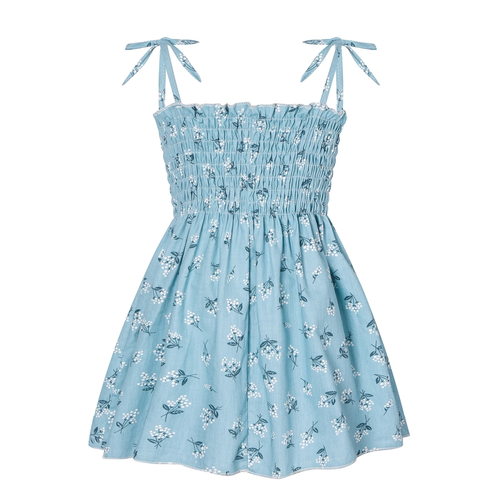 Girl’s Summer Floral Boat Neck Lace-Up A-line Suspender Dress