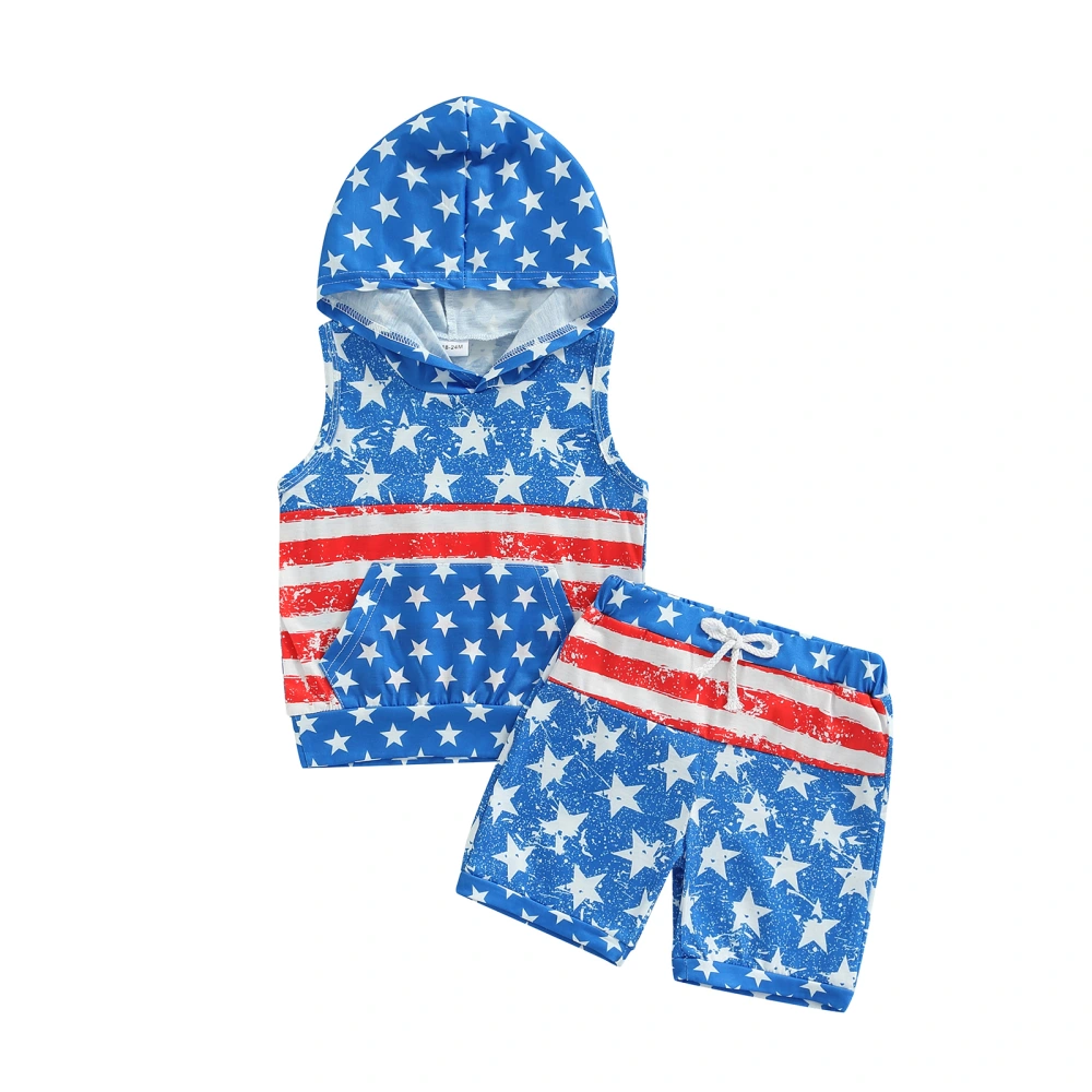 Baby Kids Boys Shorts Set, Stars Stripes Print Hooded Vest with Shorts