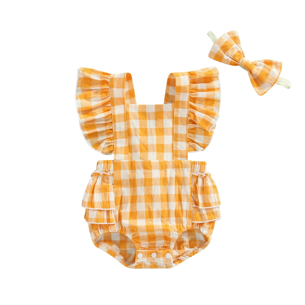 Infant Girls Romper, Plaid Sleeveless Ruffled Bodysuit with Headband