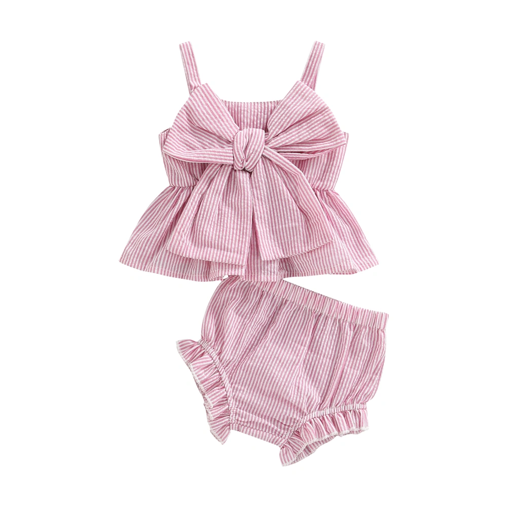 Baby Girls Pink Sleeveless Bowknot Camisole + Ruffle Striped PP Shorts