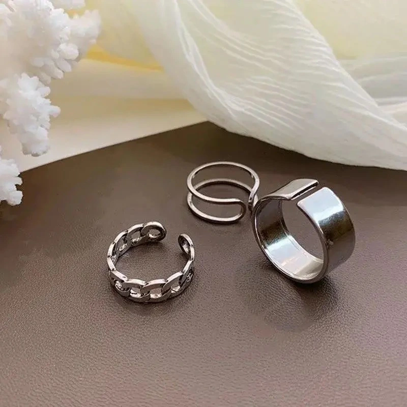 Women 3PCS Rings Set, Hollow/Solid Index/Middle/Ring Finger Open Rings