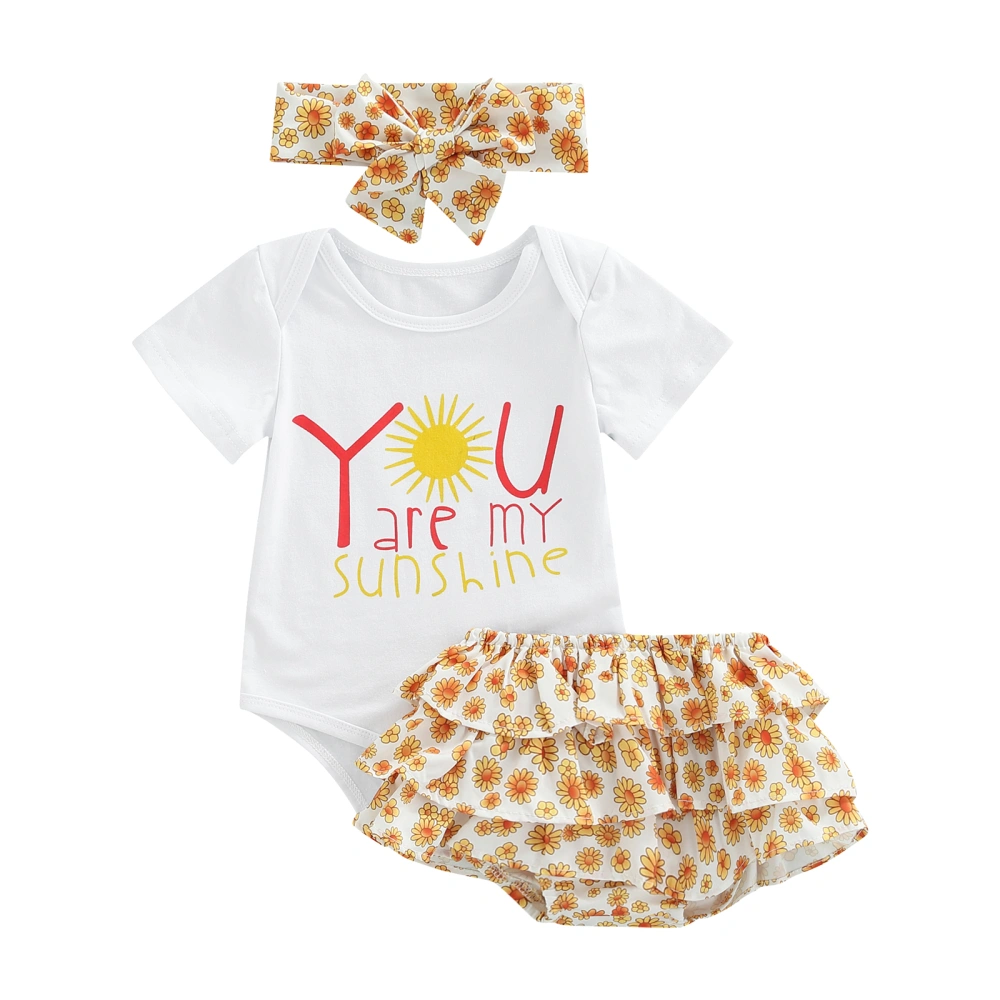 Baby Girl Three-Piece Suit, Short Sleeve Romper Floral Shorts Headband