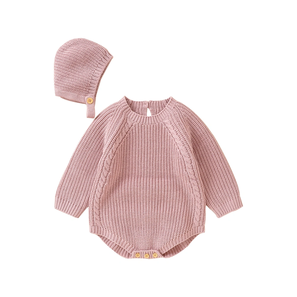 Baby Girls Knit Romper Set, Long Sleeve Crew Neck Solid Romper + Hat