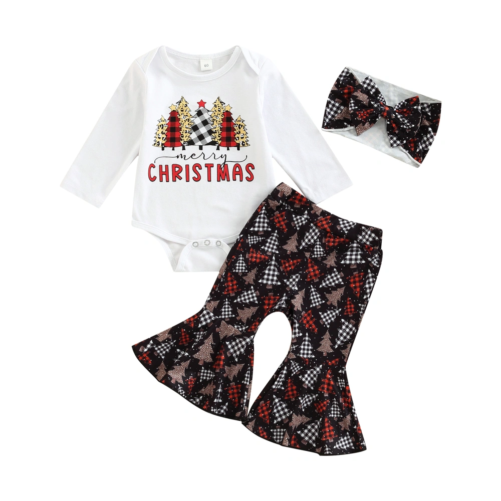 Girl White Long Sleeve Romper + Christmas Tree Flared Pants + Headband