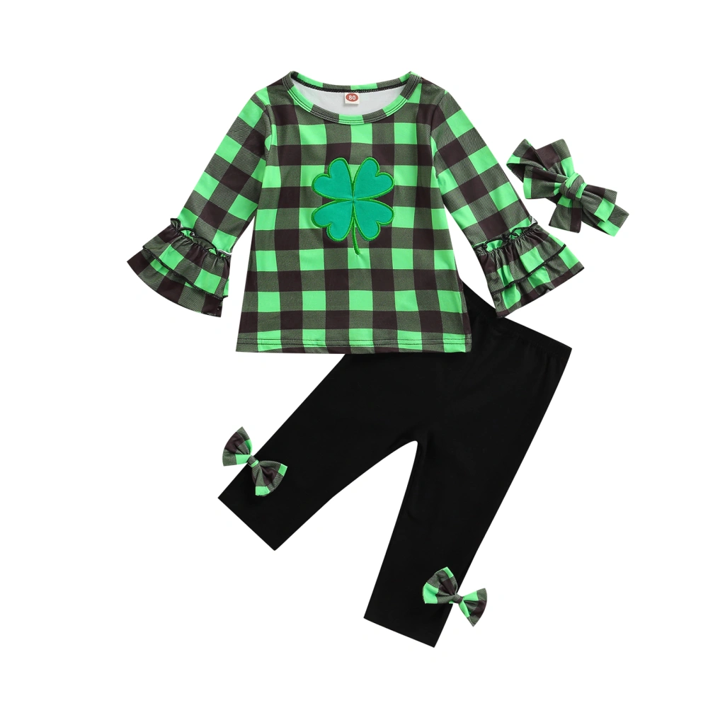 Baby Girl 3PCS Outfits, Clover Plaid Shirt, Long Pants, Bow Headband