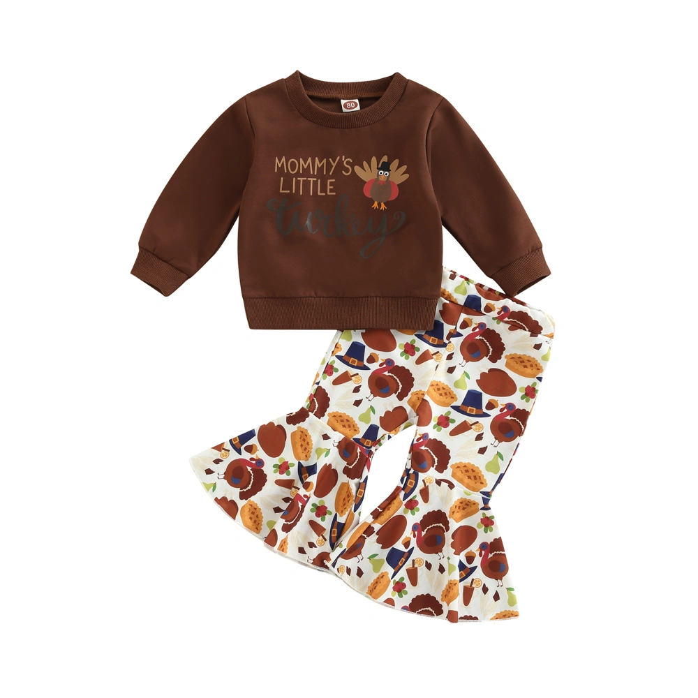 Girl Fall Outfits Turkey Letter Print Long Sleeve Tops and Flare Pants