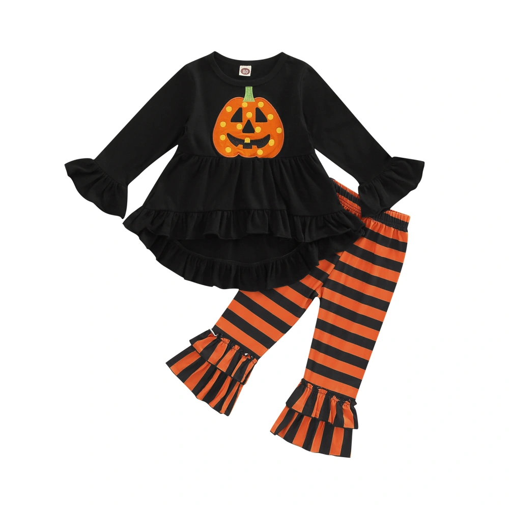 Girl Halloween Outfits Patch Pumpkin Dress Tops + Stripe Flared Pants