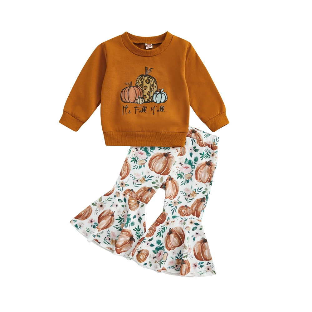 Kids Pumpkin Letter Print Crew Neck Long Sleeve Tops+ Flared Pants