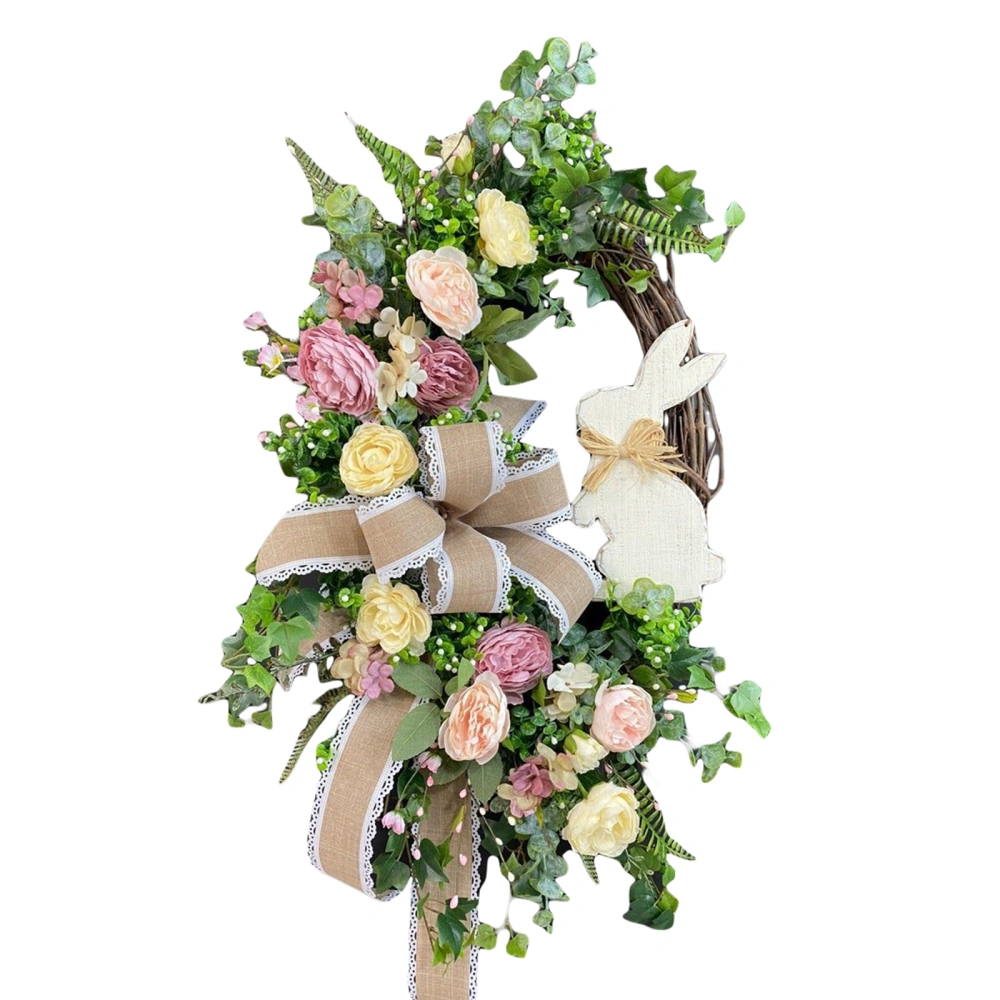 Easter Wreath, Rabbit Burlap Lace Bow Flowers Leaves Rattan Garland 