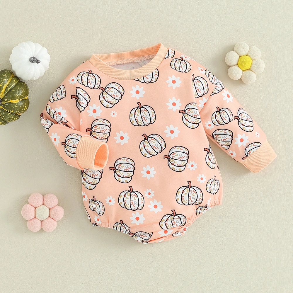 Baby Girls Halloween Long Sleeve Crewneck Floral Pumpkin Print Romper