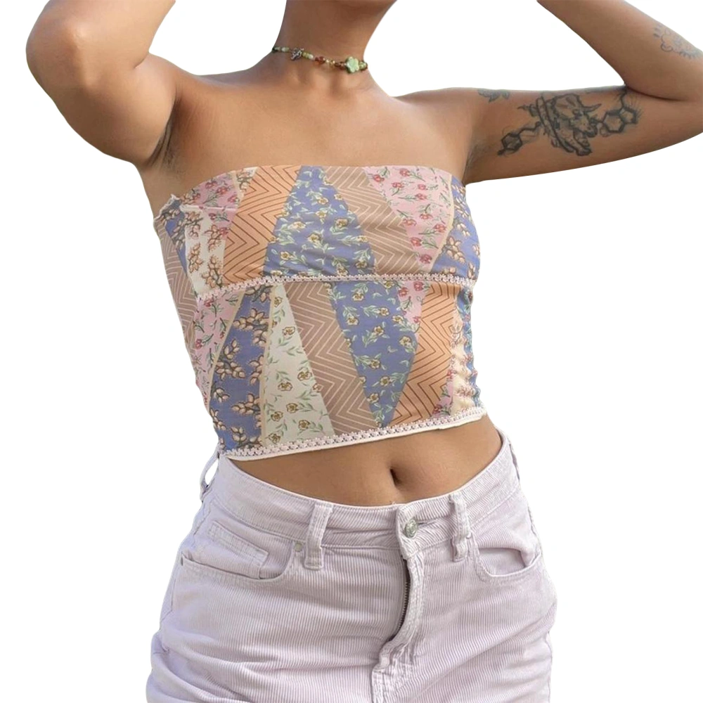 Women Wrap Chest Tube Tops Mesh Floral Print Boat Neck Tank Tops