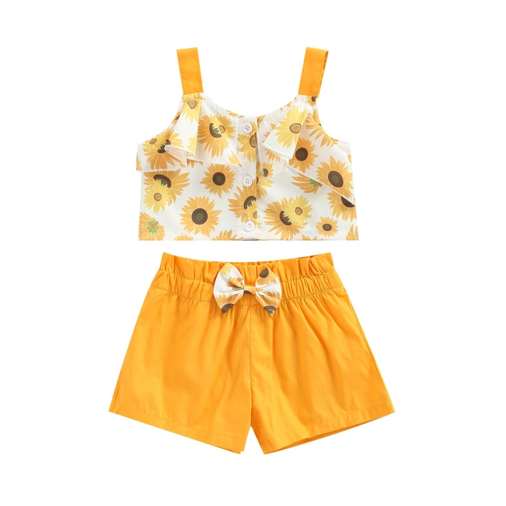 2Pcs Girls Outfits, Sunflower Print Tank Tops + Elastic Waist Shorts