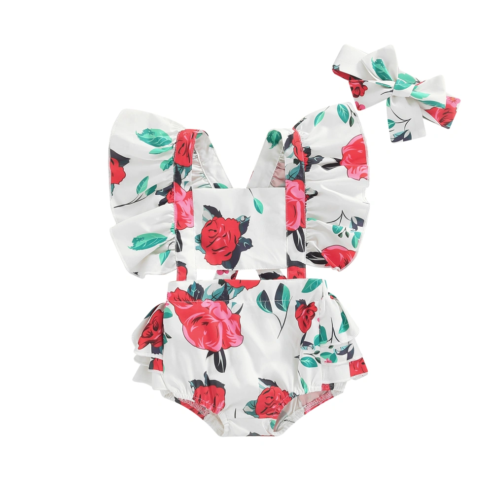 Girls Fly Sleeve Floral Patchwork Casual Party Romper + Head Band 