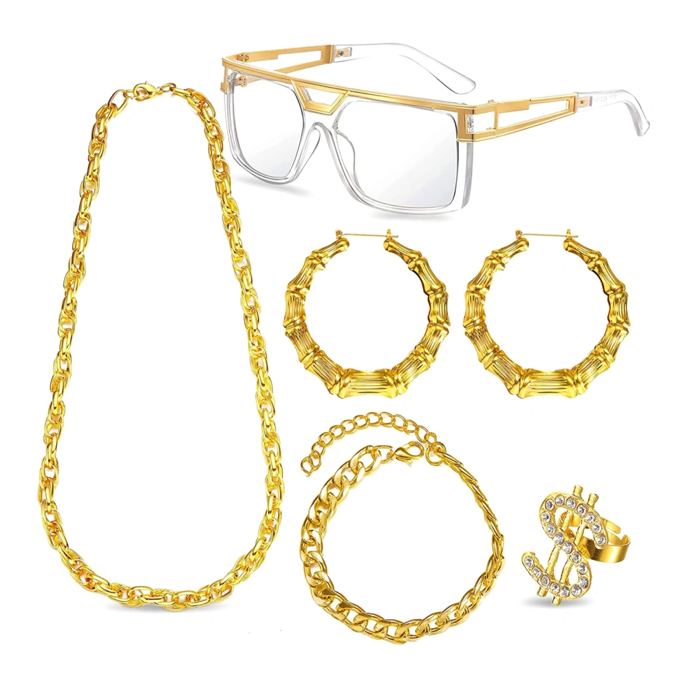 Hip Hop Costume Kit, Vintage Gold Dollar Sign Necklace Set for Cosplay