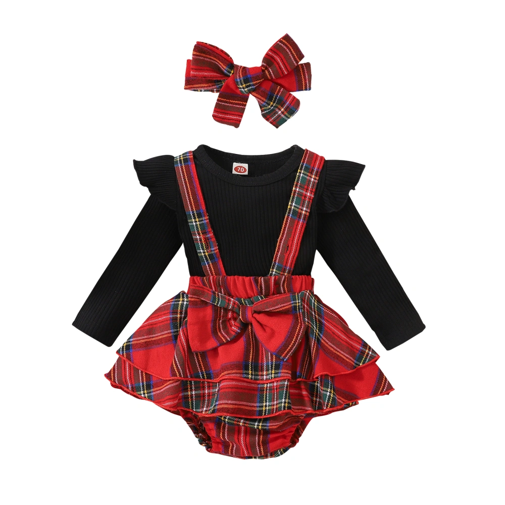 Infant 3Pcs Set, O-Neck Full Sleeve Tops + Plaid Shorts + Headband